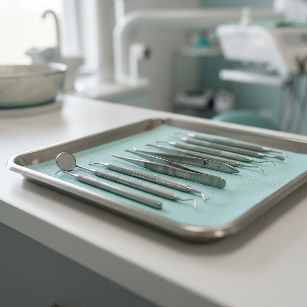 Clean, neatly arranged dental instruments