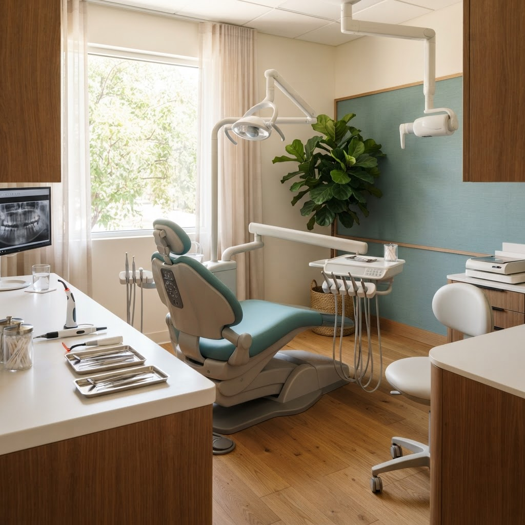 Warm, modern treatment room at Ken and Martin Lum Dental